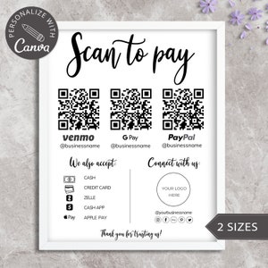 Bewerkbare scan-to-betaalkaart I Canva sjabloon voor QR-codebord, CashApp PayPal-bord voor kleine bedrijven, Venmo-betaling afdrukbaar, direct downloaden.