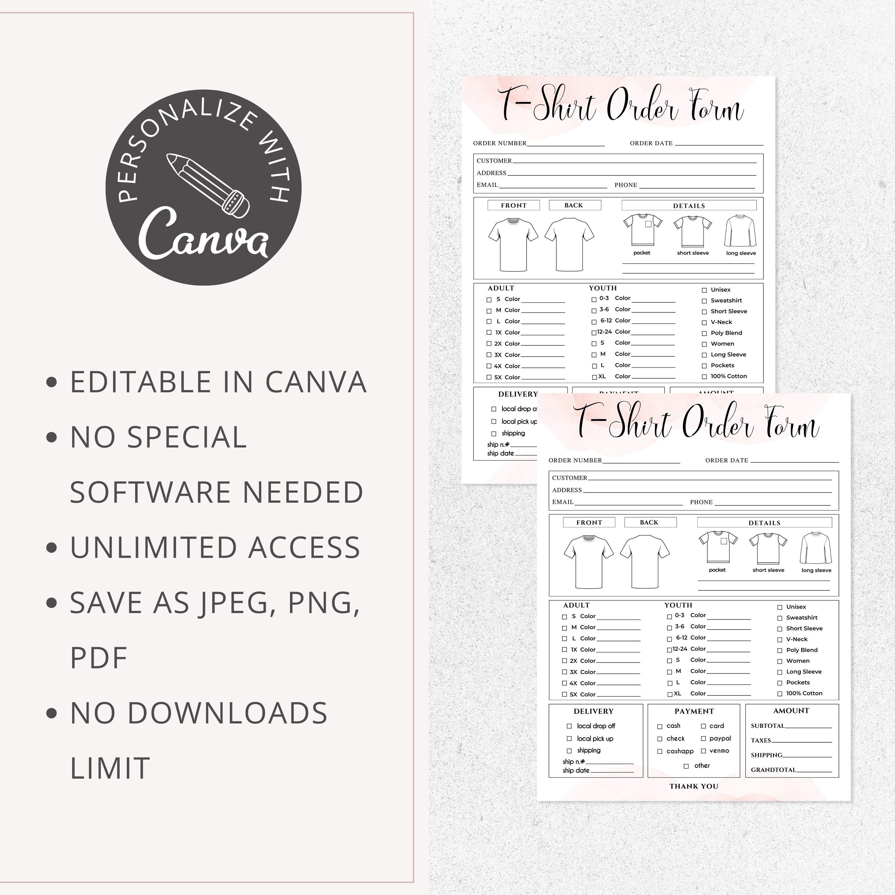 Editable T-shirt Order Form Template | Shirt Order Form | Printable ...