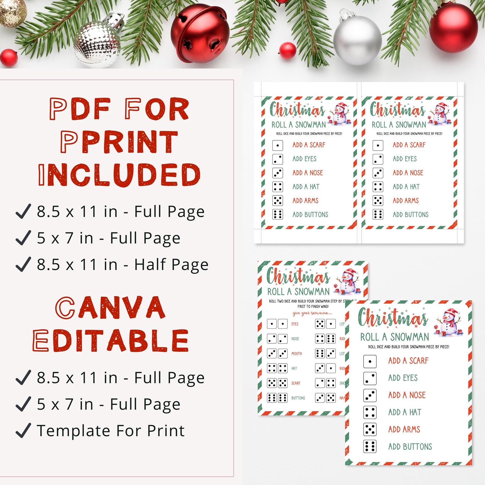 Christmas Roll a Snowman Game | Canva Template for Kids | Fun Dice ...