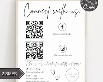 Connect With Us Card I Editable Canva Template, QR Code Sign Template, Custom Business Sign, Follow Us Sign, Scan To Pay Sign, Social Media