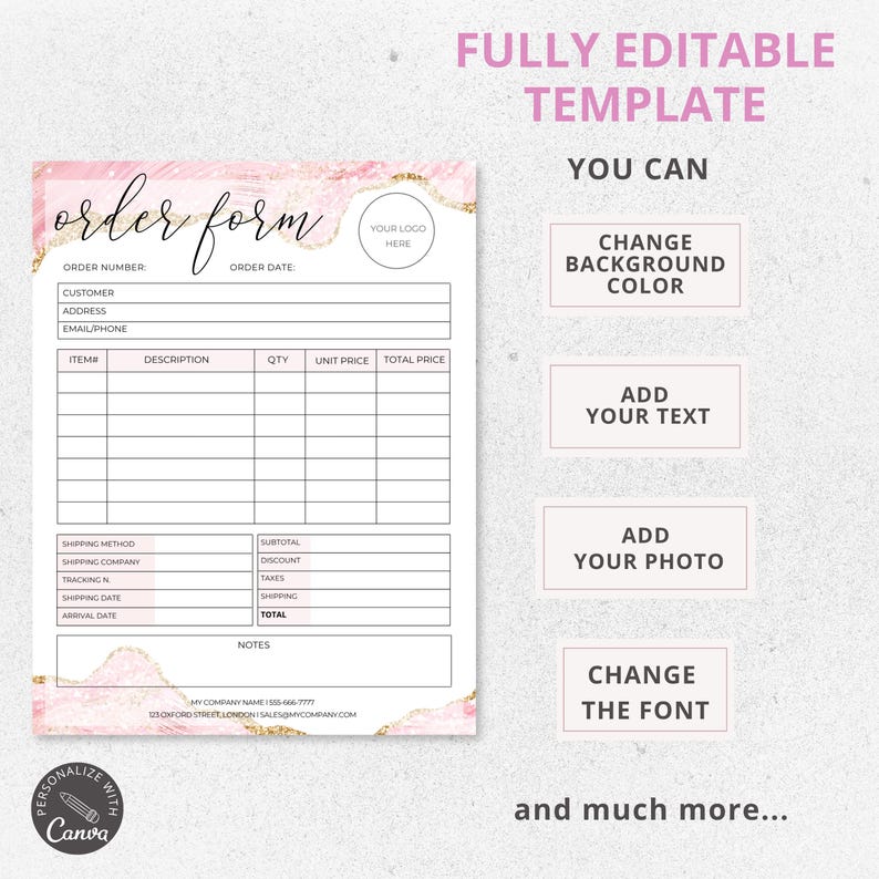 Cake Order Form Template | Editable Canva Bakery Custom Order Card ...