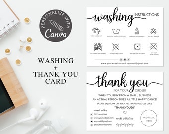 Tarjeta de instrucciones de lavado I Plantilla editable de Canva I Tarjeta de inserción de camiseta de la tienda Etsy I Inserción de empaque imprimible I Tarjeta de presentación pequeña