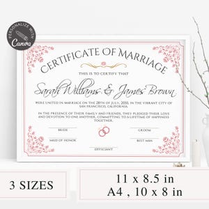 Plantilla de certificado de matrimonio I Plantilla de Canva editable, Recuerdo de boda, Certificado de matrimonio personalizado, Certificado de boda editable