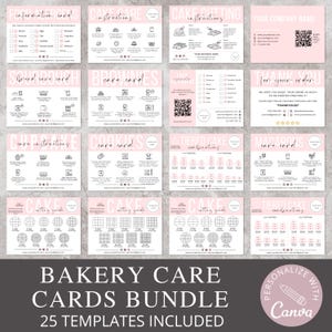Paquete de tarjetas para el cuidado de panaderías / Plantilla editable de Canva para pequeñas empresas / Guía para el cuidado y corte de macarons, masa madre, cupcakes, galletas y pasteles