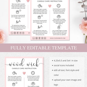 May include: Pink and white printable candle care instruction card with the text "wood wick" in a script font. The card includes instructions on how to light, trim, and burn a wooden wick candle. The card also includes social media icons and a website address.