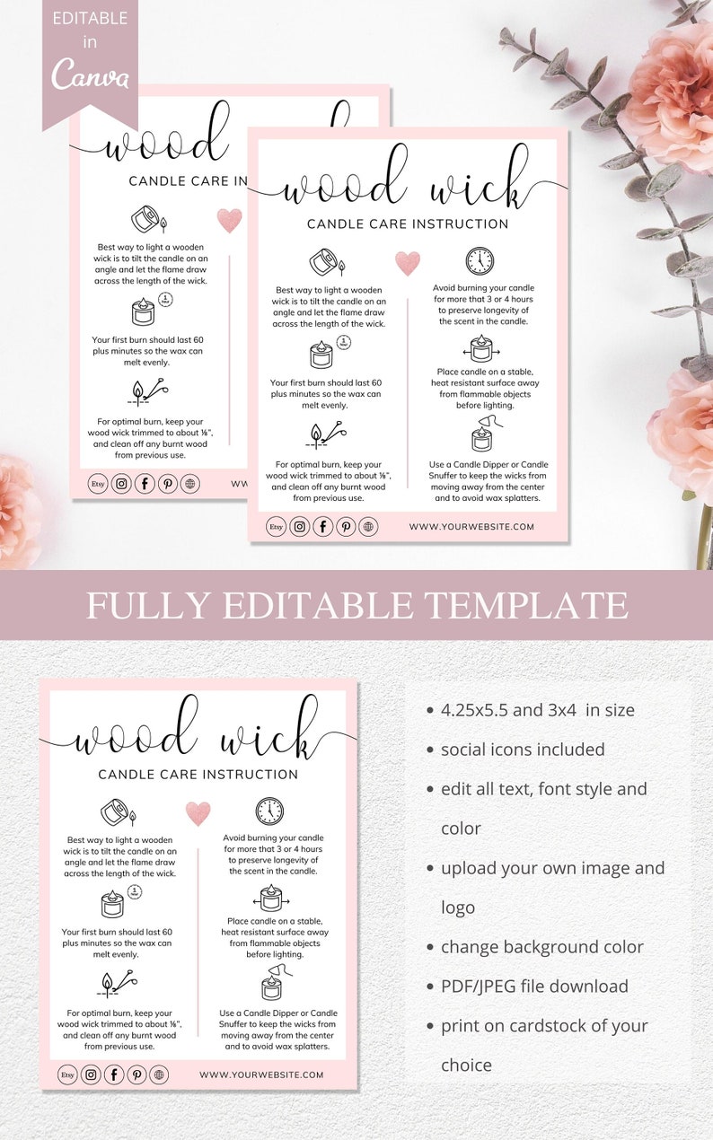 May include: Pink and white printable candle care instruction card with the text "wood wick" in a script font. The card includes instructions on how to light, trim, and burn a wooden wick candle. The card also includes social media icons and a website address.