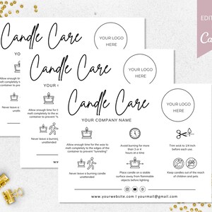 May include: White candle care instruction cards with black text and icons. The cards provide guidance on candle usage, including wick trimming and avoiding extended burning. The cards are editable in Canva.