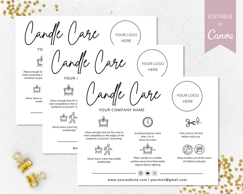 May include: White candle care instruction cards with black text and icons. The cards provide guidance on candle usage, including wick trimming and avoiding extended burning. The cards are editable in Canva.