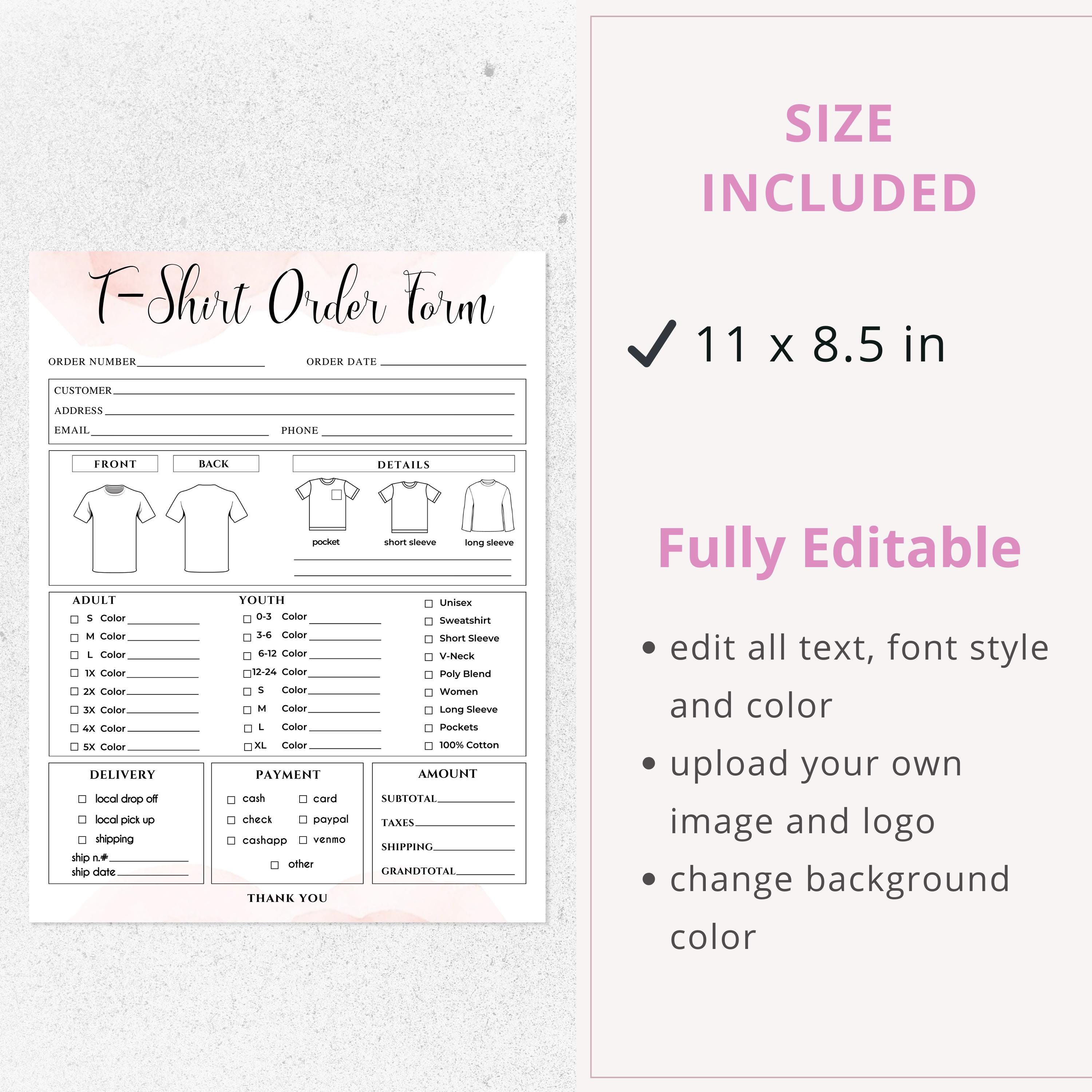 Editable T-shirt Order Form Template | Shirt Order Form | Printable ...