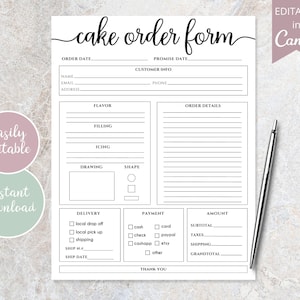 May include: A black and white printable cake order form with sections for customer information, order details, delivery, payment, and amount. The form includes fields for name, email, address, phone, flavor, filling, icing, drawing, shape, ship to, ship date, subtotal, taxes, shipping, and grand total.