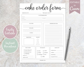 Cake Order Form, Editable Canva Template, Order Forms Template, Printable Bakery Custom Order Form, Digital Download, Small Business Forms