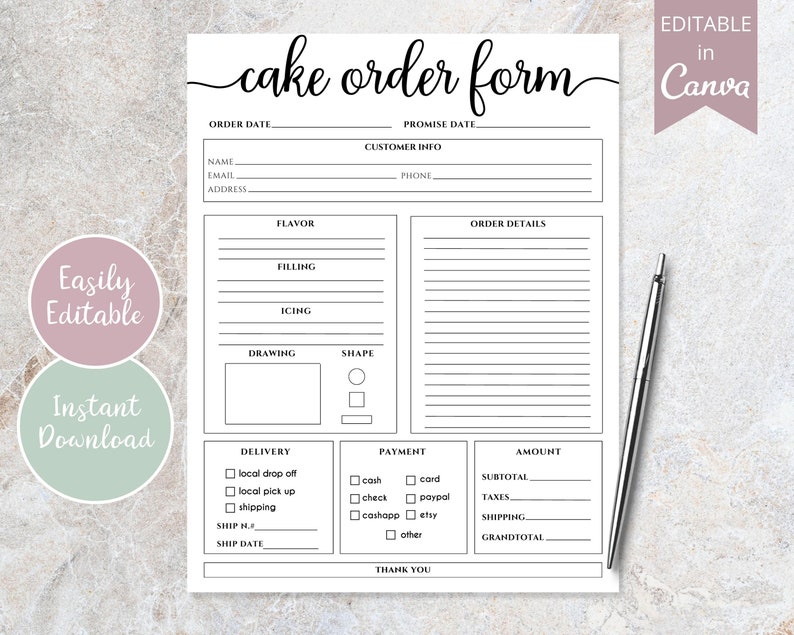 Cake Order Form, Editable Canva Template, Order Forms Template ...
