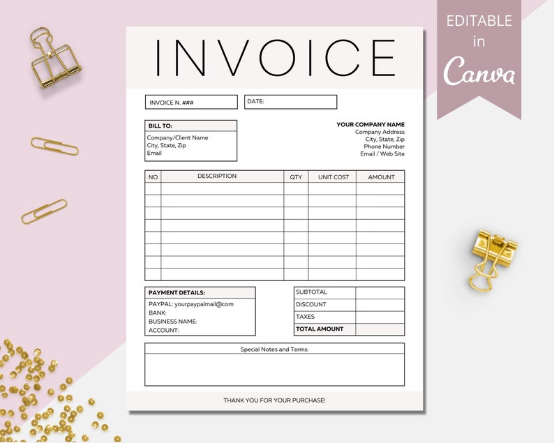 以下が含まれることがあります： 「INVOICE」という単語が上部に太字で書かれた白黒の印刷可能な請求書テンプレート。テンプレートには、請求書番号、日付、請求先、会社名、説明、数量、単価、金額、支払い詳細、小計、割引、税金、合計金額、および特別な注意事項と条件のフィールドが含まれています。テンプレートはCanvaで編集できます。