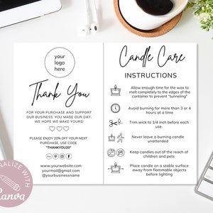 Candle Care Card Template I Editable Canva Template I Candle Care Instructions I Printable Candle Thank You Customers I Business Inserts.