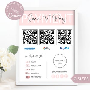 Bearbeitbares Scan-to-Pay-Karte I Canva QR-Code-Zeichenvorlage, CashApp PayPal-Zeichen für kleine Unternehmen, Venmo-Zahlung druckbar, sofortiger Download.