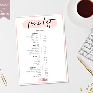 May include: A white price list with a pink brushstroke at the top. The list includes services and prices for lashes, brows, waxing, and treatments. The text "price list" is written in black cursive.