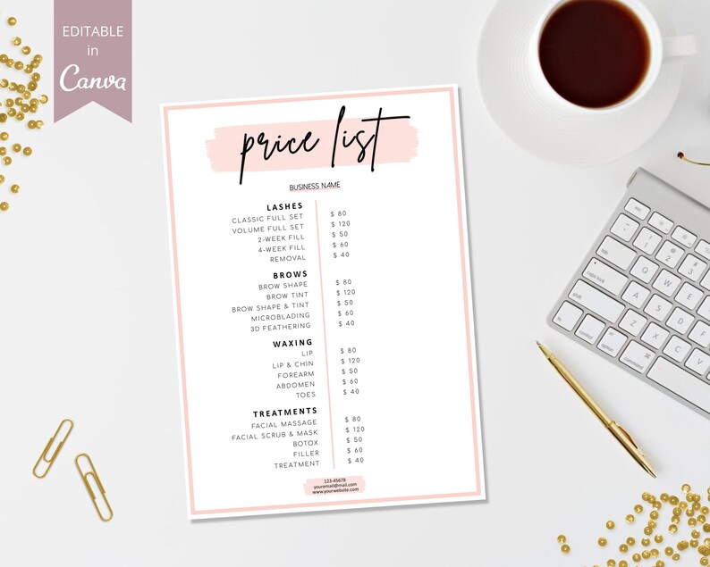 May include: A white price list with a pink brushstroke at the top. The list includes services and prices for lashes, brows, waxing, and treatments. The text "price list" is written in black cursive.