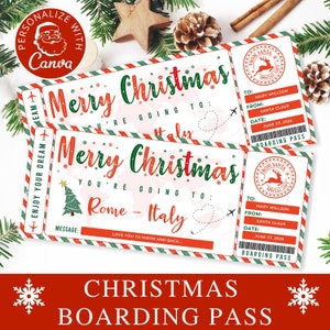 Cartão de embarque de Natal editável, modelo editável do Canva, passagem de Natal para impressão, ideia de presente de passagem aérea de Natal, viagem surpresa.