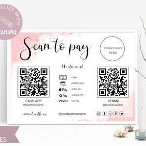Cartão Scan to Pay, modelo editável do Canva, placa de código QR, placa comercial para pequenas empresas, pagamento Venmo para impressão, download instantâneo.