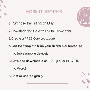 以下が含まれることがあります： ピンクと白のグラフィックで、「HOW IT WORKS」というテキストと、Canvaを使用してテンプレートをパーソナライズする方法に関する6つの手順のリストが表示されています。グラフィックには、鉛筆のアイコンと「PERSONALIZE WITH Canva」というテキストが書かれたピンクの円も含まれています。