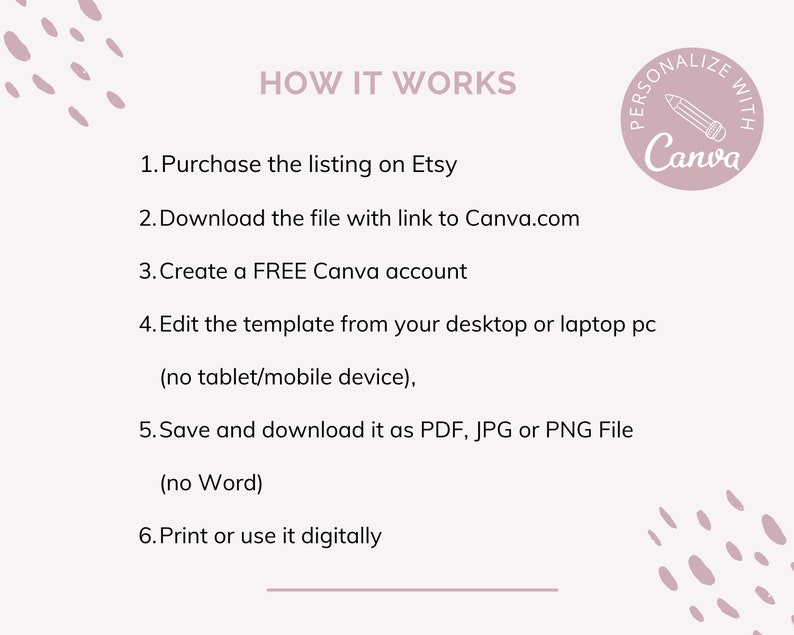 以下が含まれることがあります： ピンクと白のグラフィックで、「HOW IT WORKS」というテキストと、Canvaを使用してテンプレートをパーソナライズする方法に関する6つの手順のリストが表示されています。グラフィックには、鉛筆のアイコンと「PERSONALIZE WITH Canva」というテキストが書かれたピンクの円も含まれています。