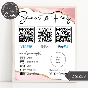 Scannen naar betaalkaart I bewerkbare canva-sjabloon, QR-codeteken, zakelijk bord voor kleine bedrijven, Venmo-betaling afdrukbaar, direct downloaden.