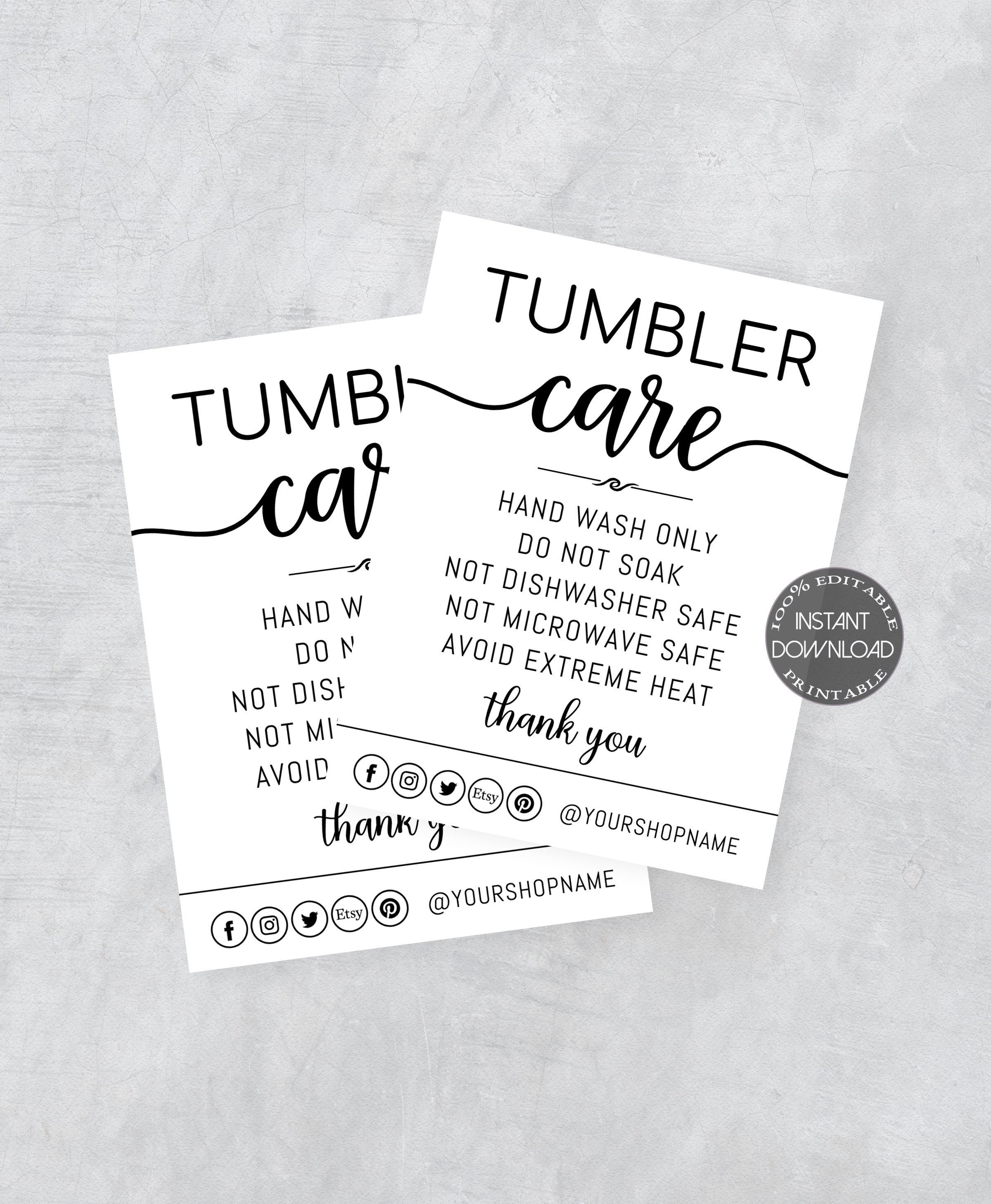 Printable Tumbler Packaging Insert Card Dtp-006 TUMBLER CARE CARD ...