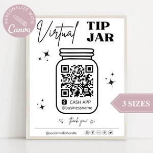 Virtuelles Trinkgeldglas-Zeichen I Canva Vorlage, QR-Code-Zeichen für kleine Unternehmen, SCan, um Zahlungszeichen zu bezahlen, CashApp Scan, um Zeichen zu bezahlen, Hochzeitszeichen