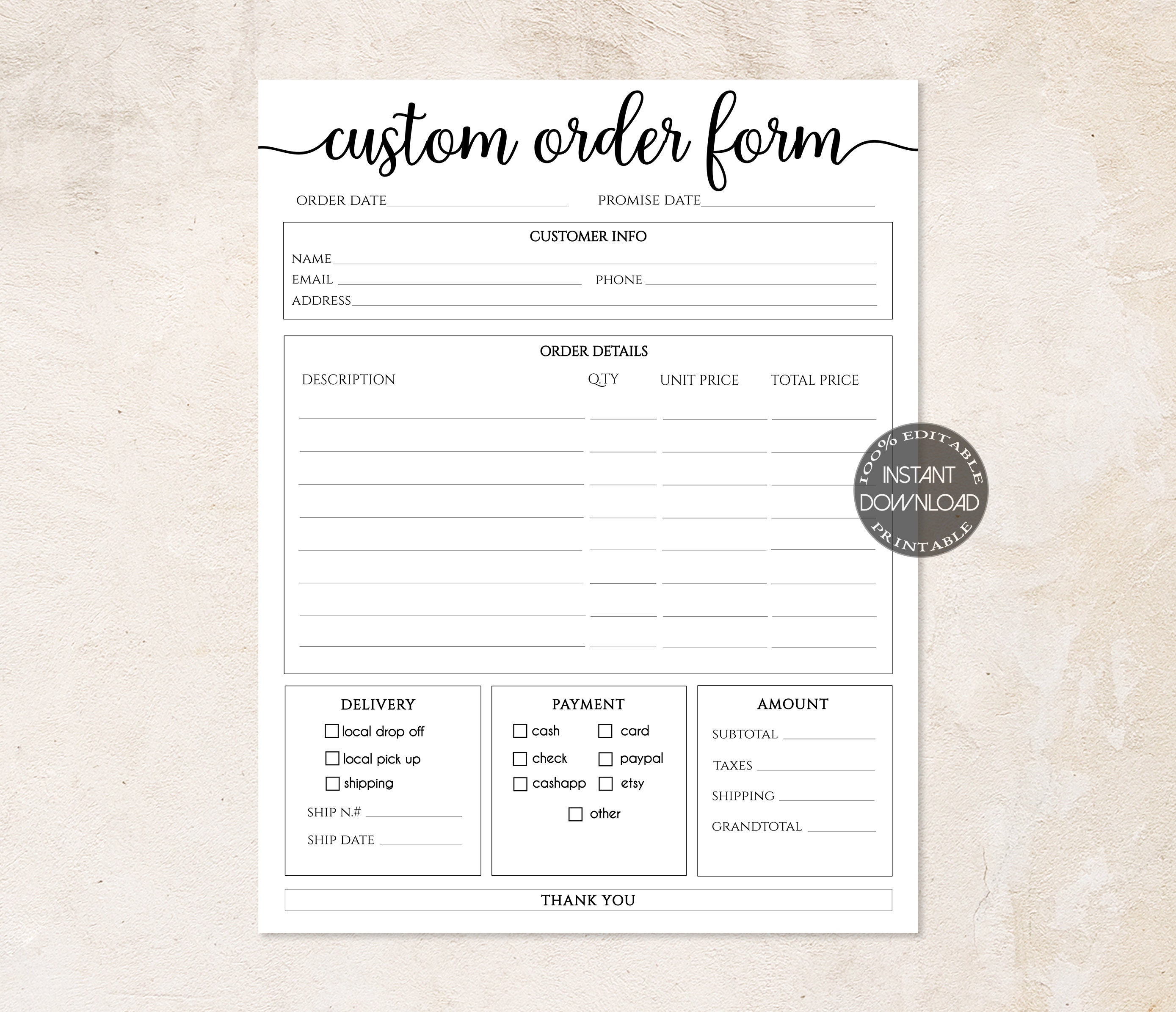 Order Form Editable | Crafters Order Form Template |  Shop Craft  Business Forms | Small Business Forms Instant Digital Download.Dtp-004