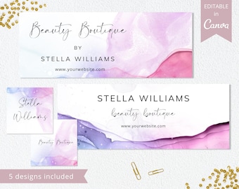 Pode incluir: Cinco designs diferentes para um cartão de visita com um fundo de aquarela em tons de rosa e roxo. O texto no cartão diz "Beauty Boutique by Stella Williams" e inclui um endereço de site. O texto "Editable in Canva" também está incluído no cartão.
