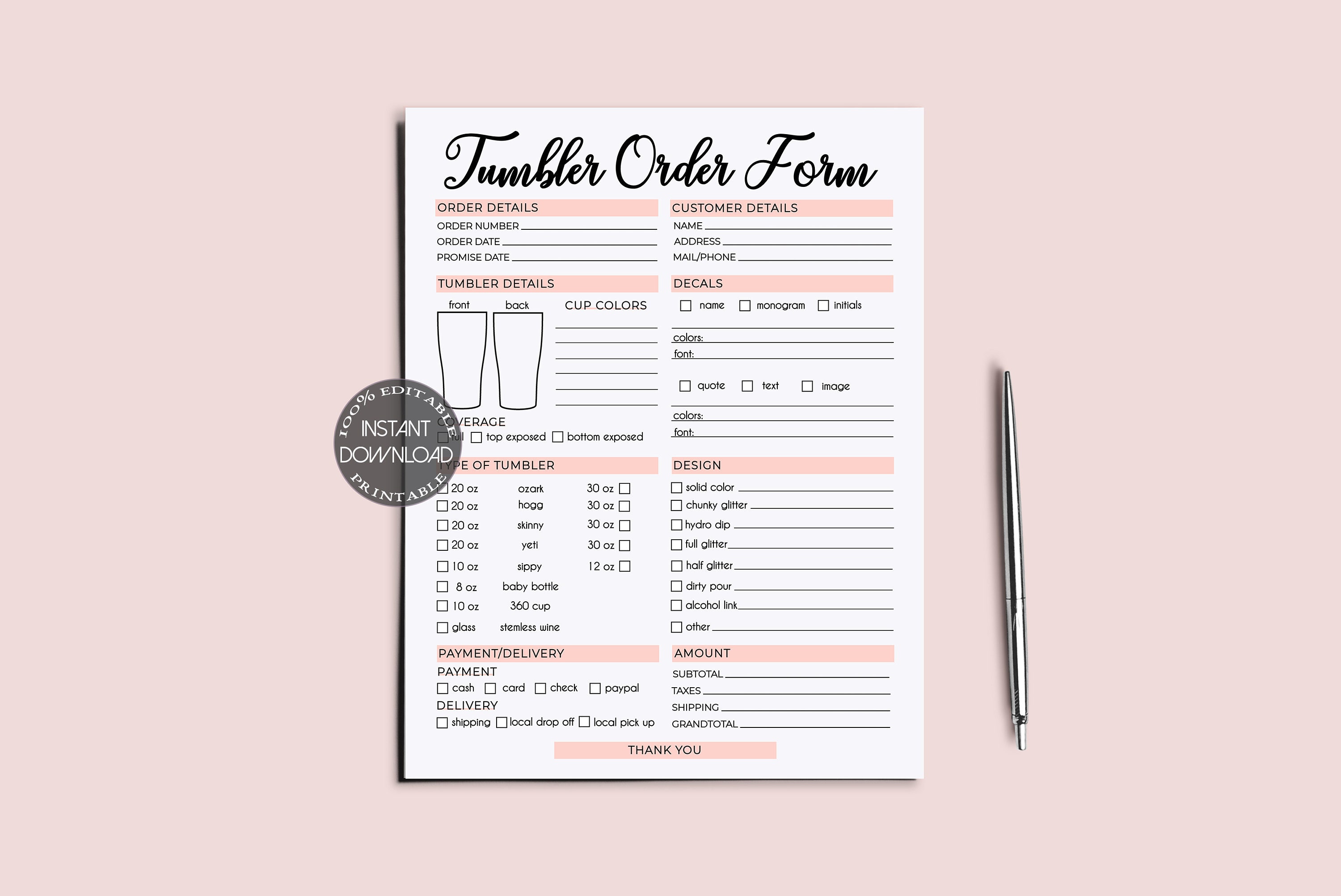 Tumbler Order Form Editable Template Craft Business Invoice - Etsy Israel