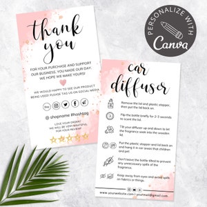 May include: Pink and gold thank you card with a watercolor background. The card includes a message thanking customers for their purchase and support. It also includes instructions on how to use a car diffuser.