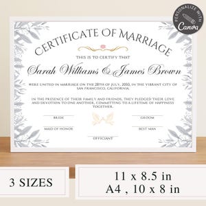 Bearbeitbare Heiratsurkunde | Hochzeit Andenken Canva Vorlage | Benutzerdefiniertes Zertifikat | Ehe-Andenken-Erneuerung