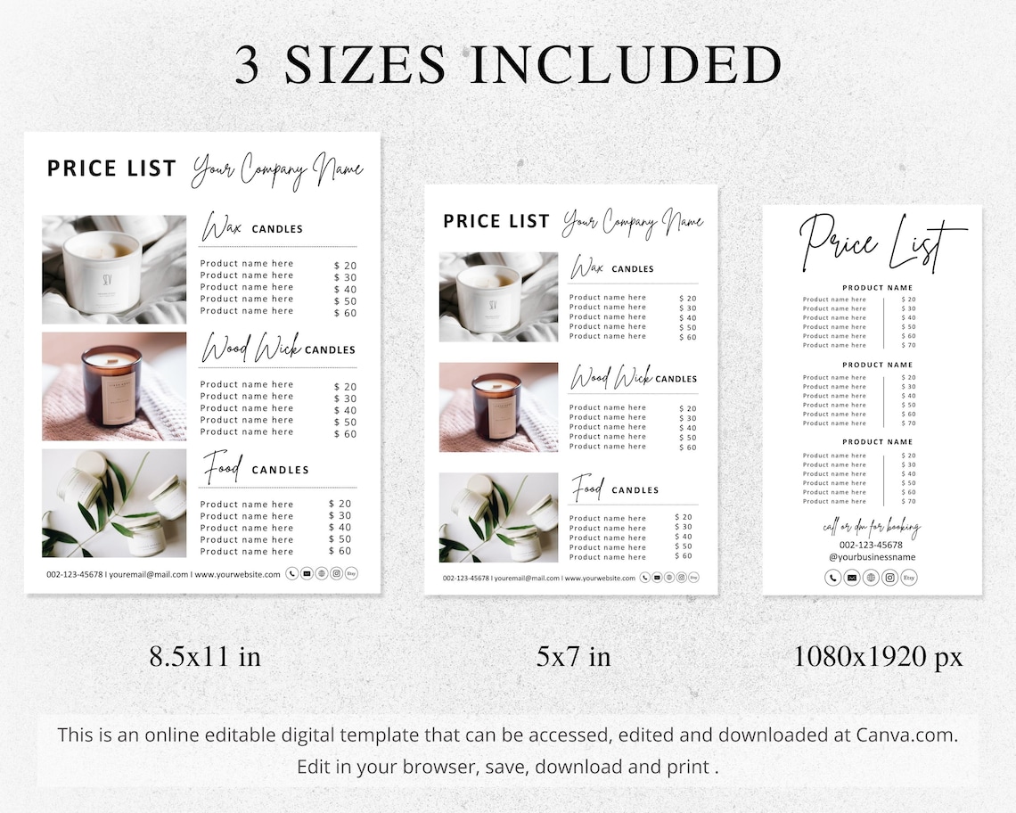Candle Price List Template Canva Editable Bakery Price List Etsy
