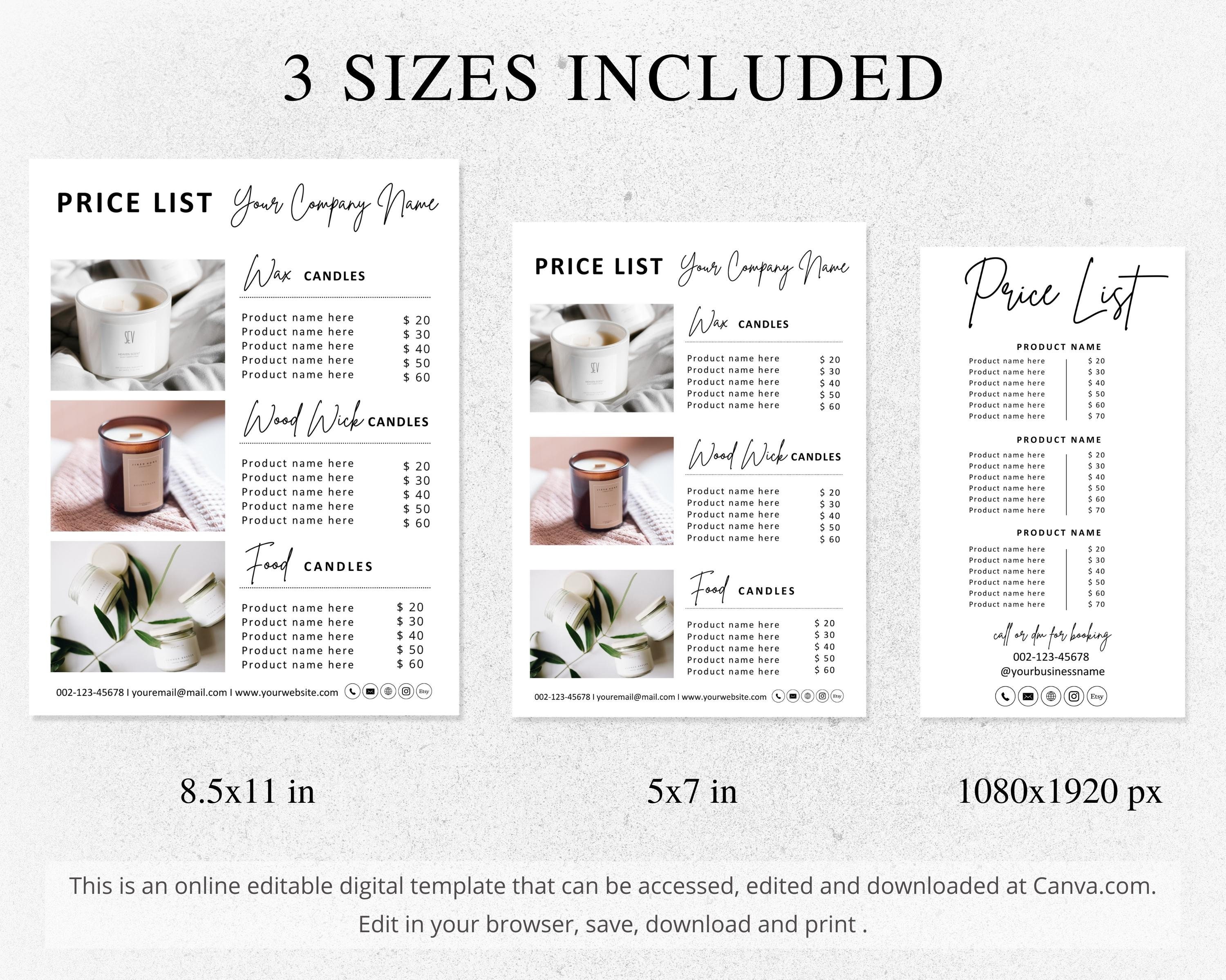 Candle Price List Template, Canva Editable Bakery Price List, Spa Price ...