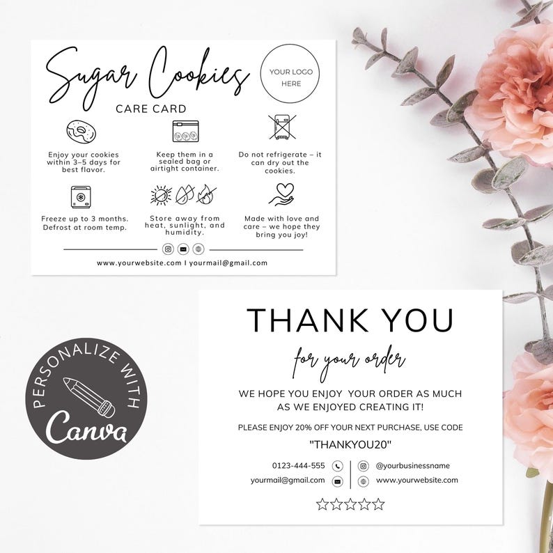 sugar cookies care card, care instructions, editable canva template