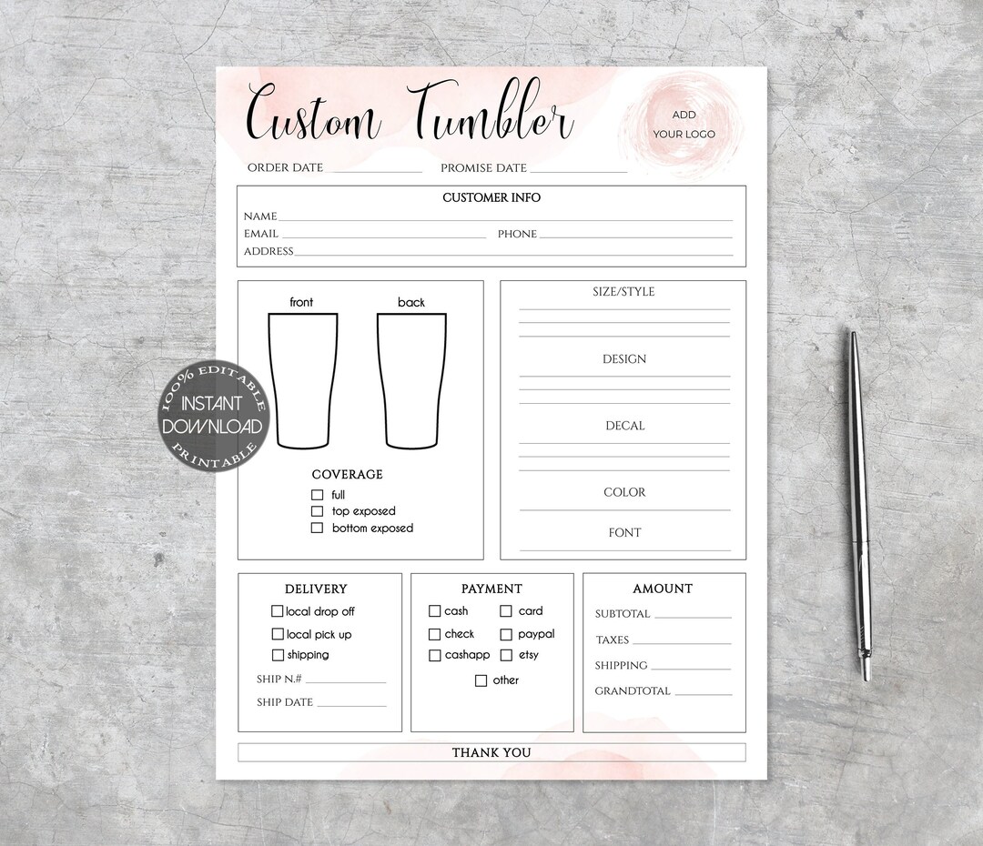 Tumbler Order Form Template | Craft Business Editable Order Form ...