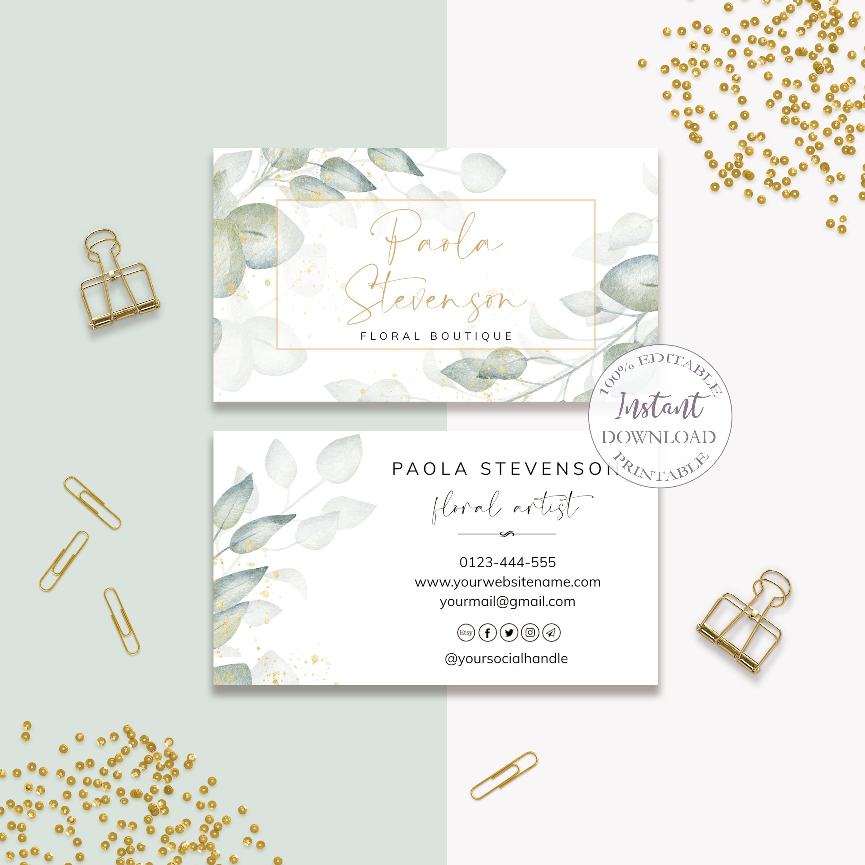 Greenery Business Cards Editable Business Card Template - Etsy Hong Kong