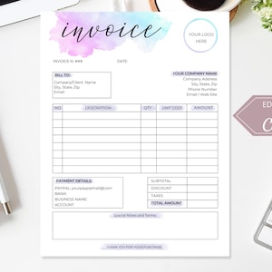 Plantilla de factura, plantilla editable de Canva, factura de fotografía, formulario de facturación editable, recibo de factura, factura de formulario de pedido para pequeñas empresas