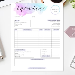 Invoice Template, Editable Canva Template,  Photography Invoice, Editable Billing Form, Invoice Receipt, Small Business Order Form Invoice