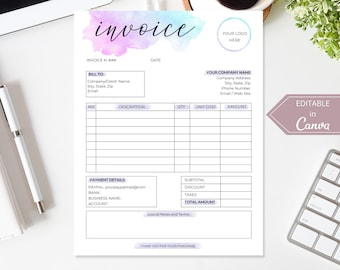 Invoice Template, Editable Canva Template,  Photography Invoice, Editable Billing Form, Invoice Receipt, Small Business Order Form Invoice