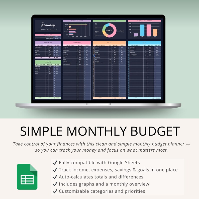 May include: A laptop screen displaying a digital monthly budget template. The screen shows various charts and tables with financial data. The text "SIMPLE MONTHLY BUDGET" is below the laptop, along with bullet points describing the features.