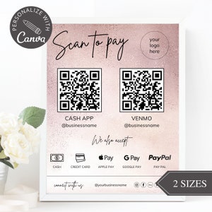 Bewerkbare scan-to-Pay-kaart, bewerkbare canva-sjabloon, QR-codebordsjabloon, CashApp PayPal-bord voor kleine bedrijven, Venmo-betaling afdrukbaar.