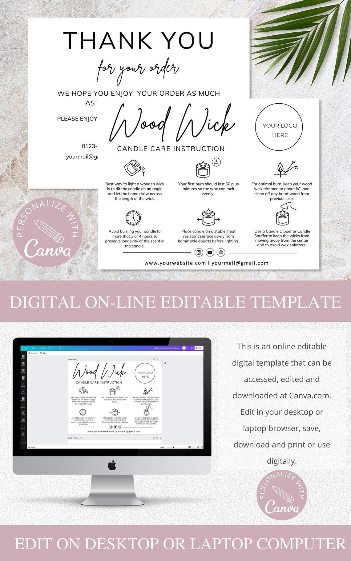 Wood Wick Candle Care Card I Editable Canva Template I Candle Etsy