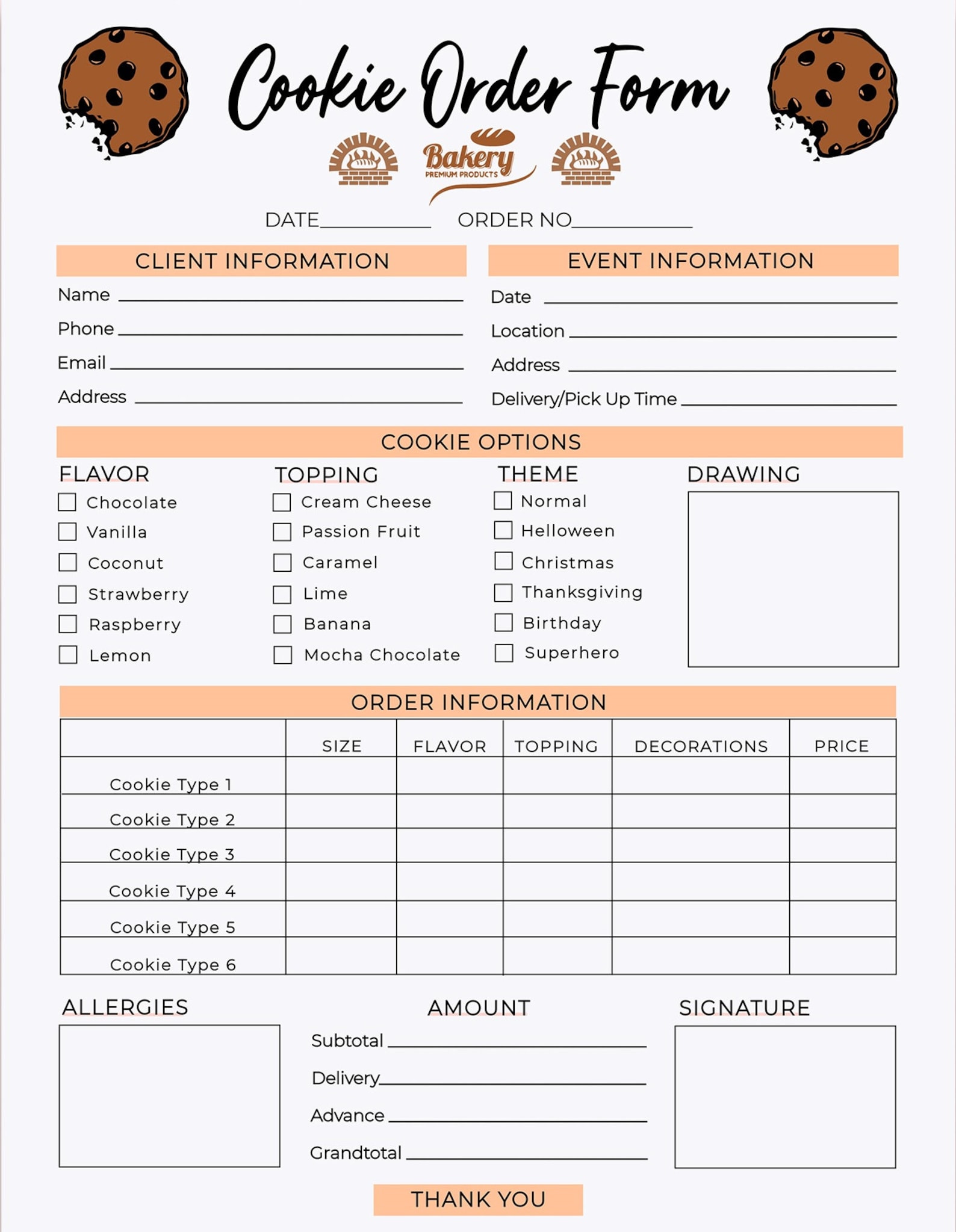 Cookie Order Form Template Bakery Order Form Receipt Small Etsy