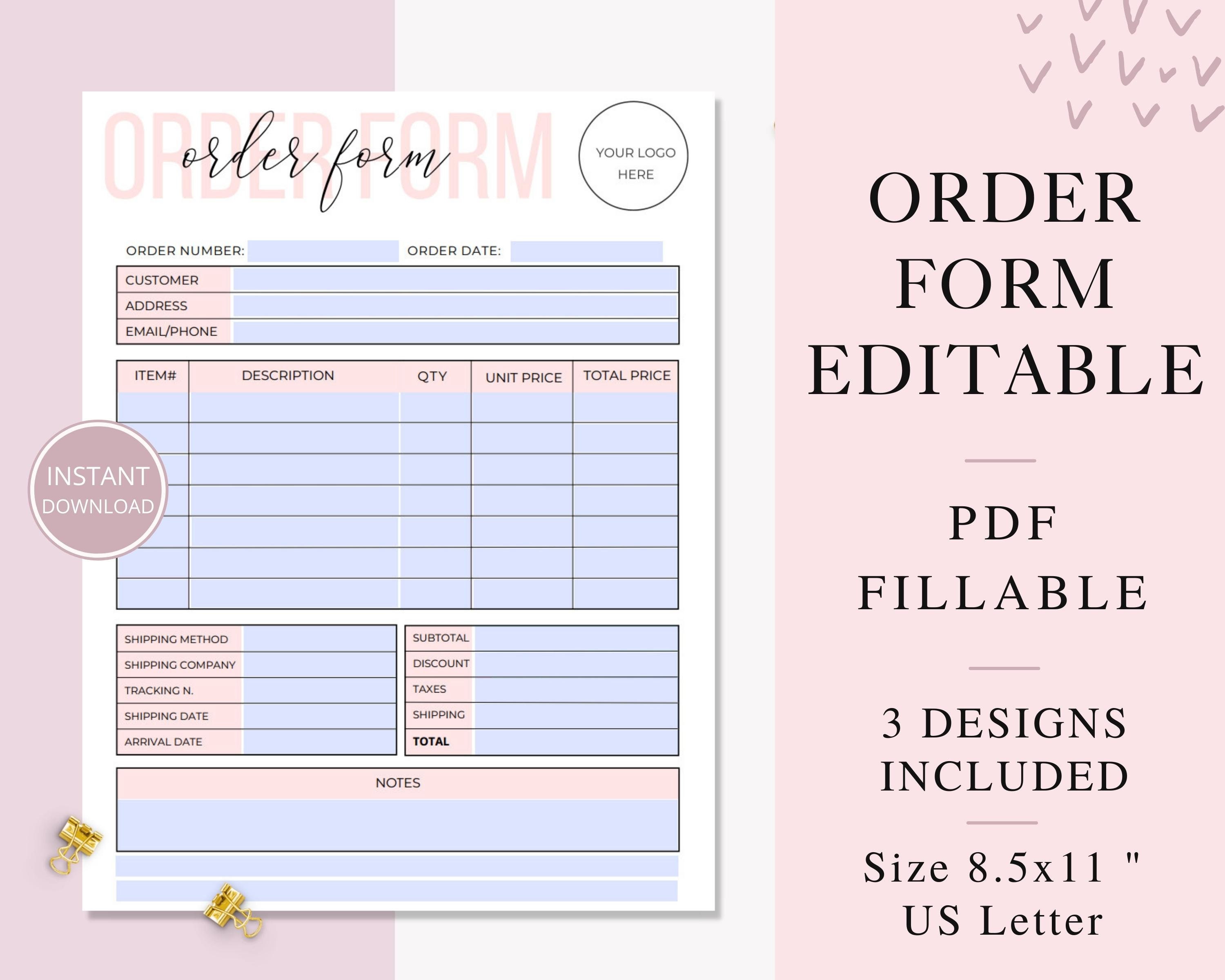 pink order form fillable, editable order forms, pdf order form for