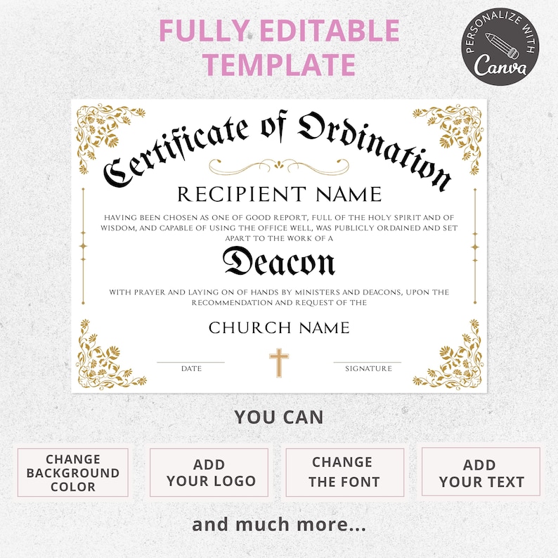 ministry certificate, minister certificate, religious printables, deacon certificate, canva template, certificate, license certificate, church membership, church templates, church form template, pastor certificate, minister form, of ordination