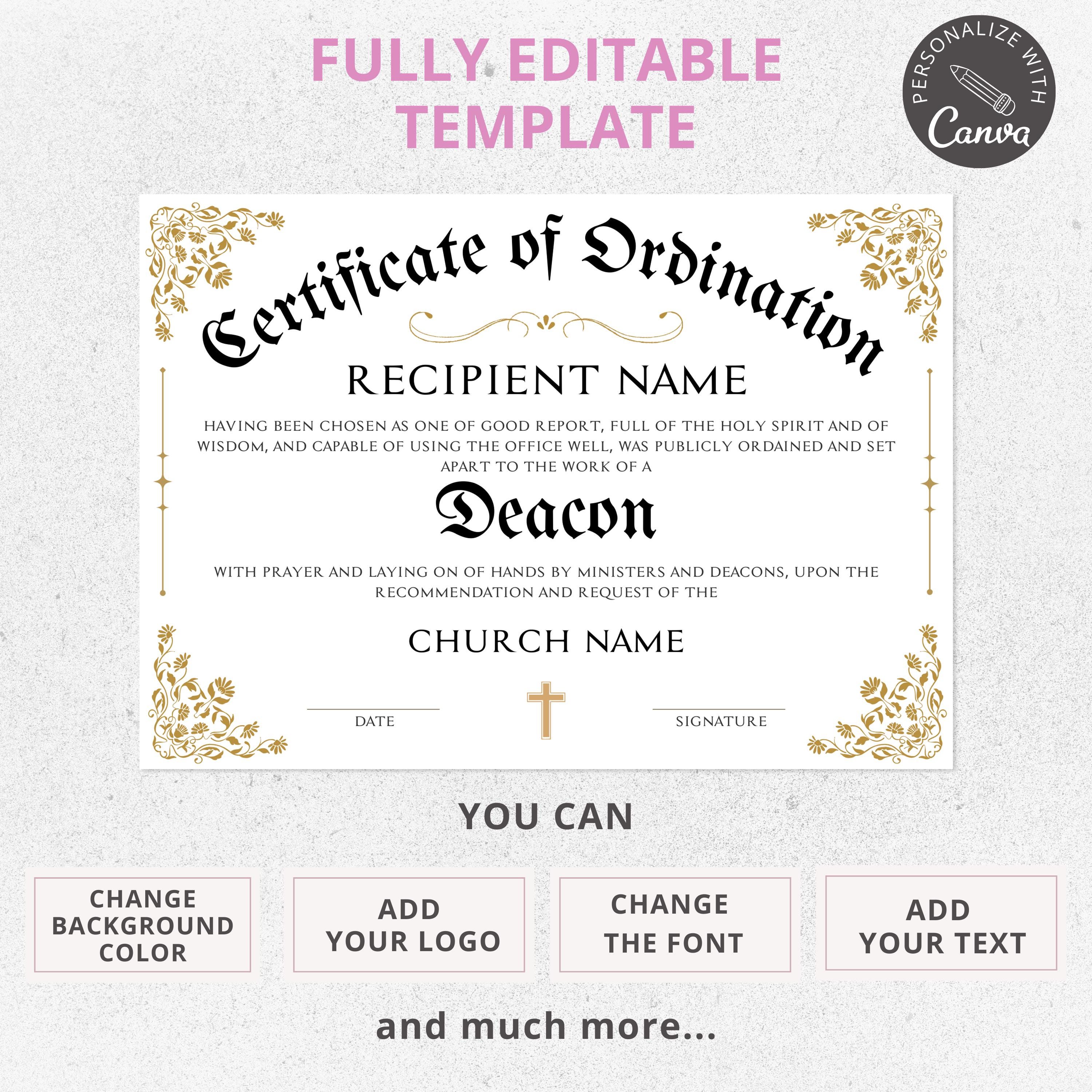 Editable Ordination Application Form Certificate of Ordination Template, Editable Canva Template, Gospel ...