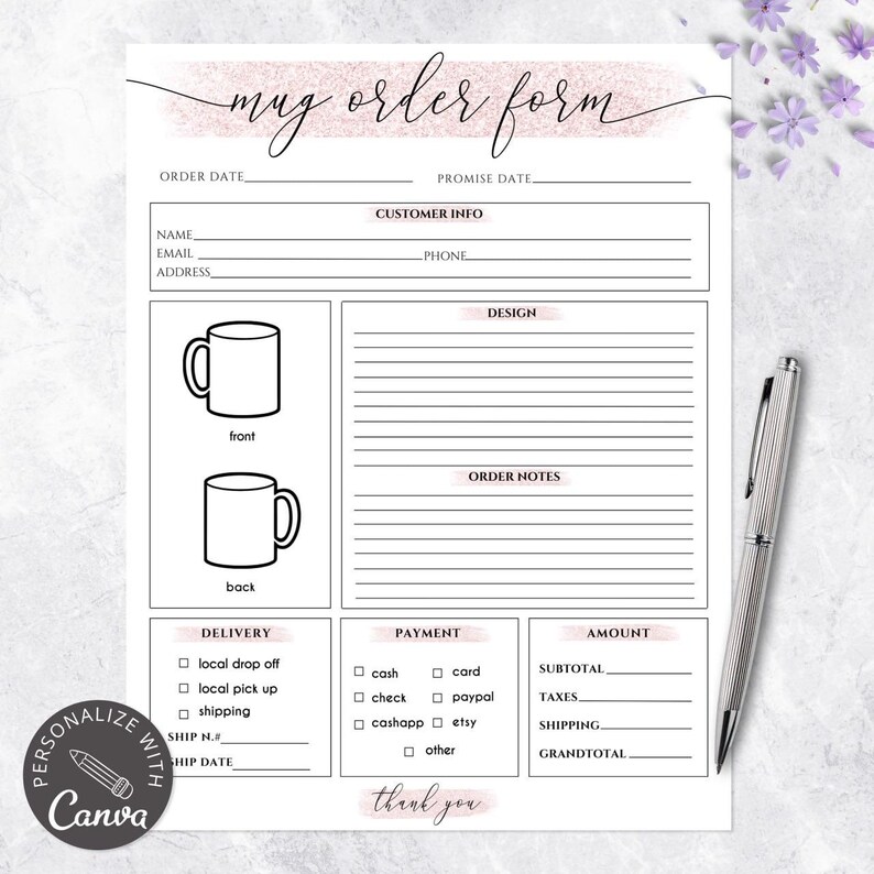 Mug Order Form Template | Editable Canva Cup Order Sheet Small Business ...
