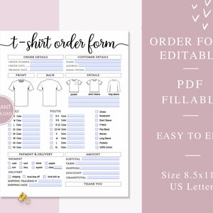 Fillable T-Shirt Order Form Editable, Printable Shirt Order Form, Editable Small Business Order Forms PDF, Business Printables. PDF-001